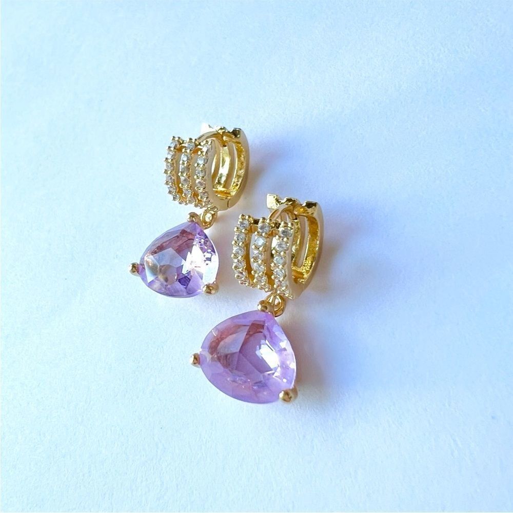 Lavender glass crystal charm earrings on gold huggie hoops great gift